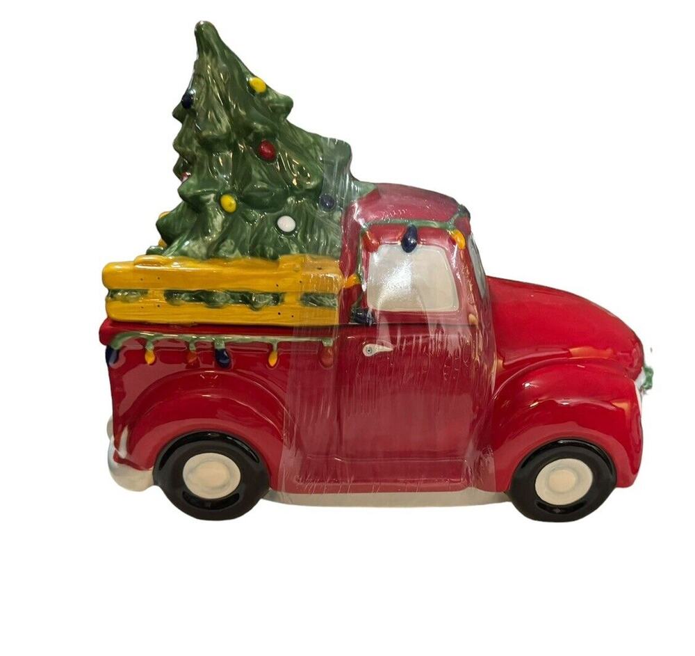 Blue Sky Clayworks Red Truck Christmas Tree Cookie Jar LRG 13” New
